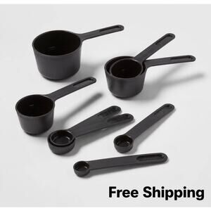 Room Essentials Plastic Measuring Cup & Spoon Set 8 Pc Black NEW